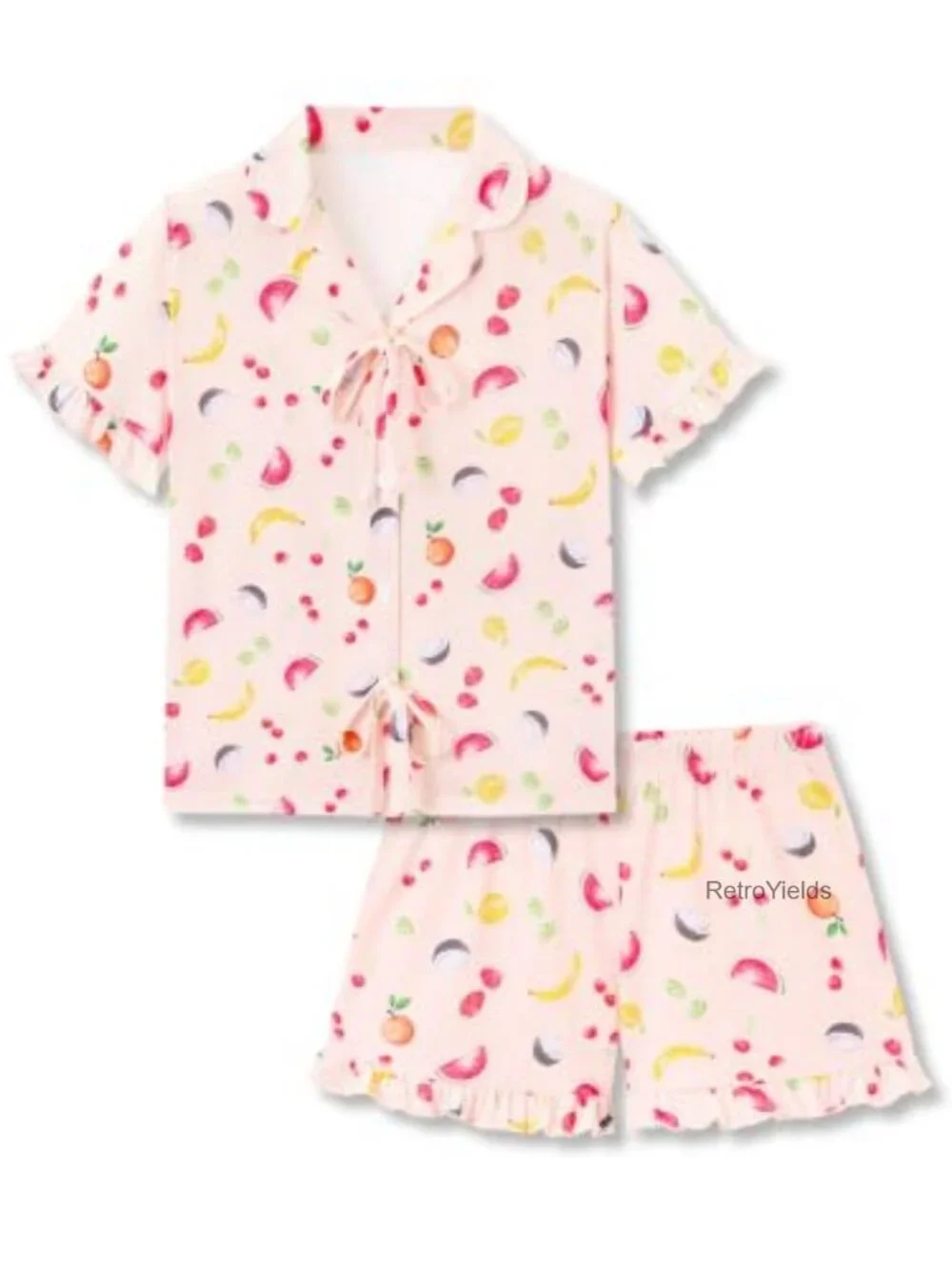 Girls Pajama Set Short Sleeve Button Down Top & Shorts Soft Polyester Blend
